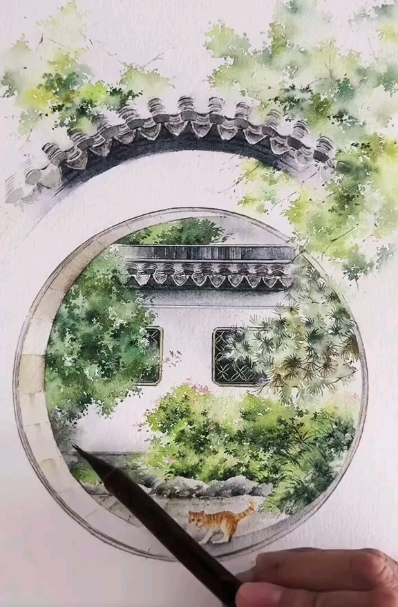 用水彩画中式庭院