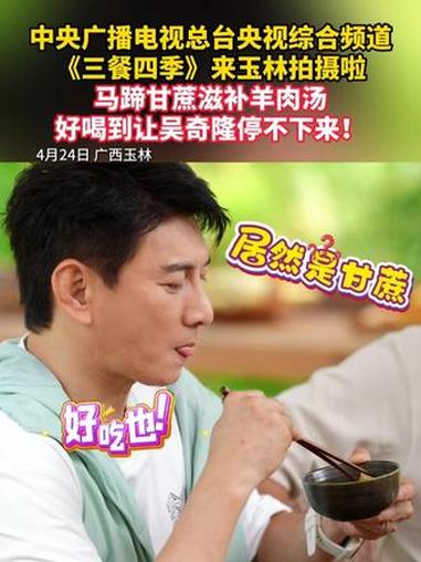 总台主持人王嘉宁携手演员吴奇隆、文化学者董克平走进玉林。马蹄甘蔗滋补羊肉汤,好喝到让吴奇隆
