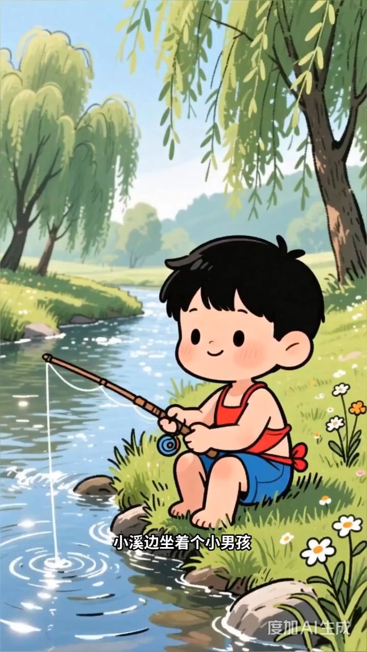 小男孩溪边钓到神奇鲤鱼，骑着鱼背穿越彩虹送祝福
