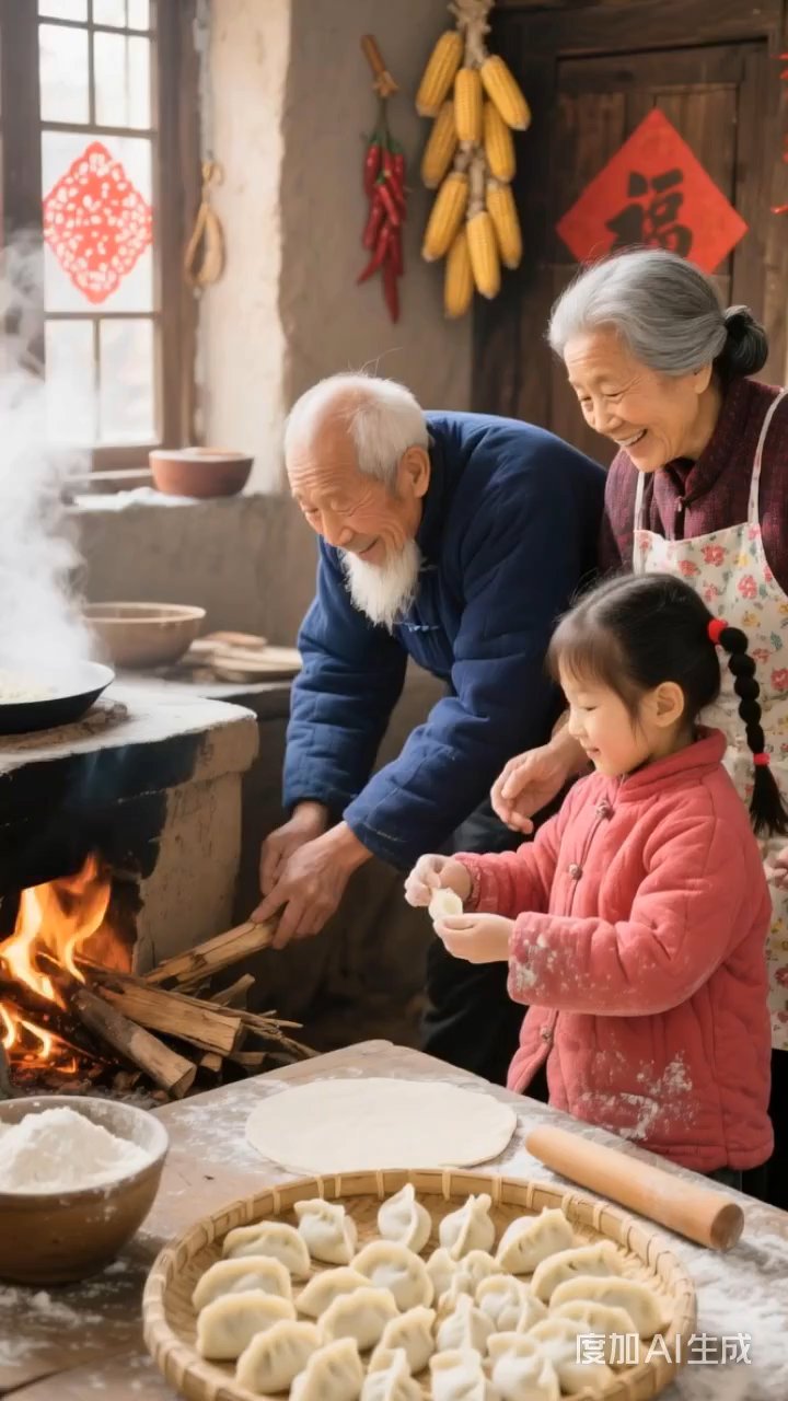 一家人包饺子