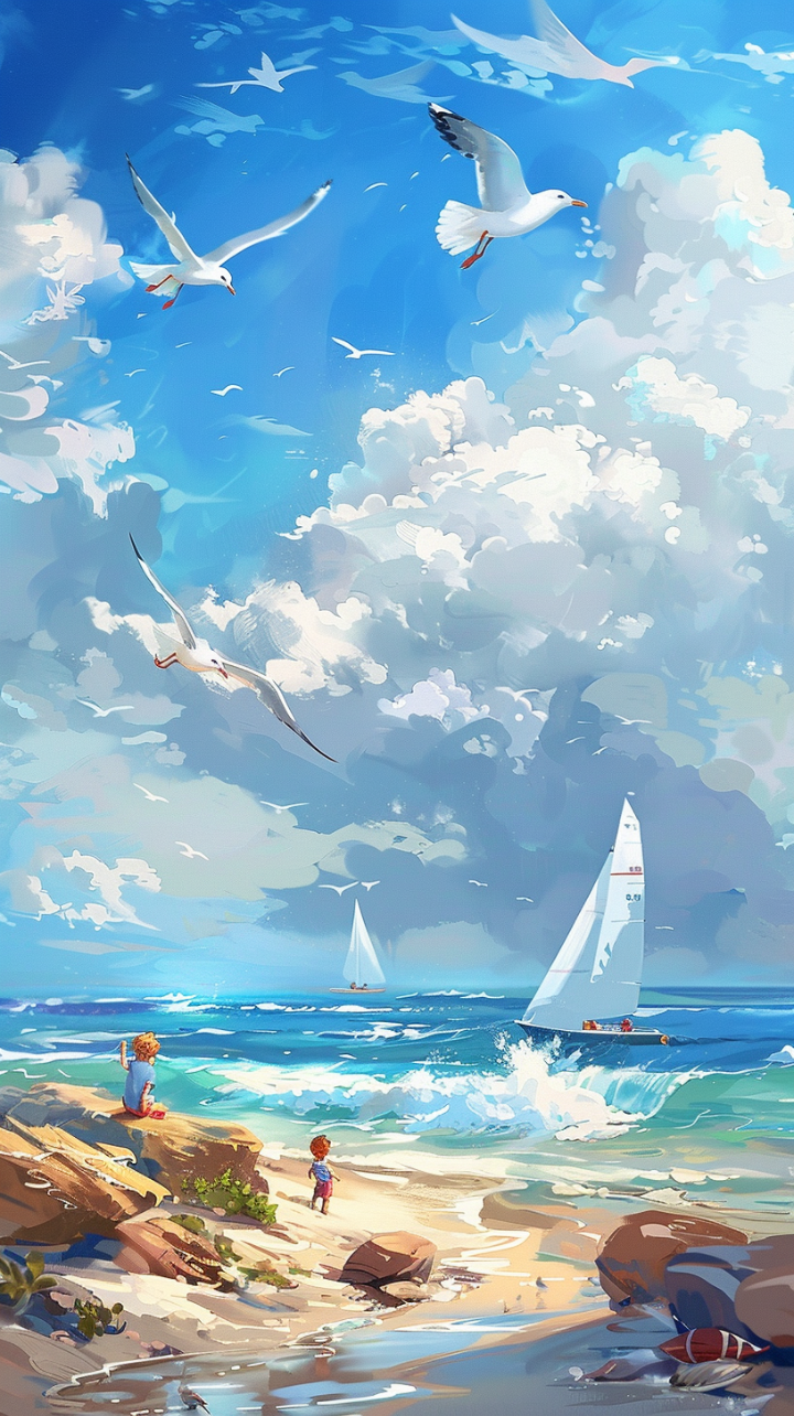大海沙滩海鸥精美的手机壁纸