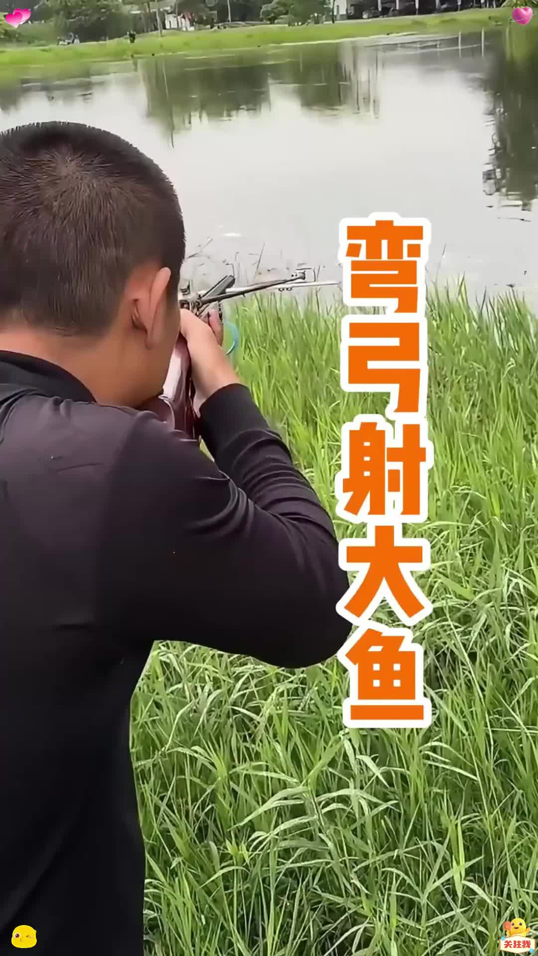 男人使用弓箭射鱼,把浮出水面上换气的鱼射了个透心凉