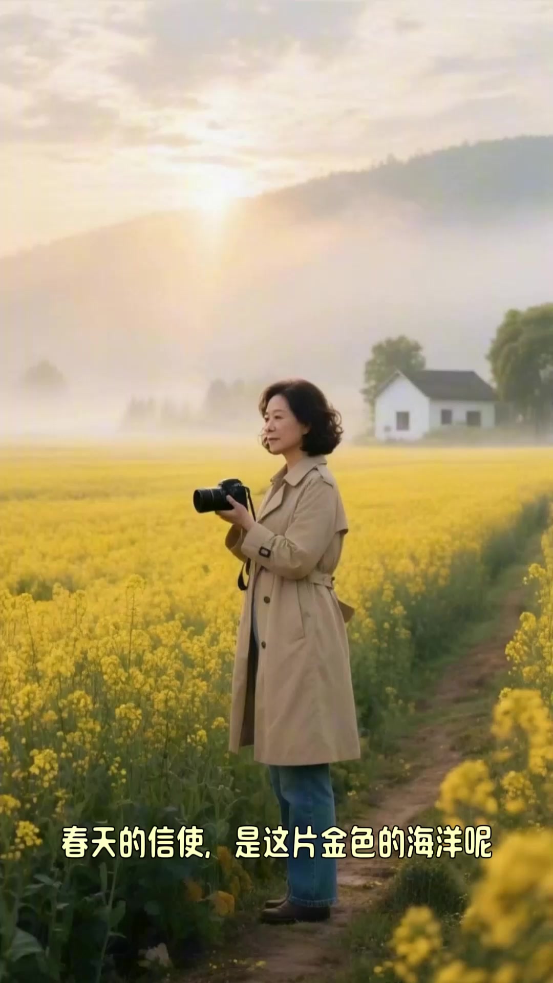 春天去油菜花田，妈妈拍视频，姐姐在花田里跑，弟弟追着姐姐