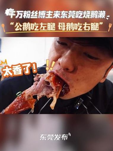 千万粉丝博主@特别乌啦啦 来东莞吃烧鹅濑,分享烧鹅新吃法“公鹅吃左腿,母鹅吃右腿!” 看得