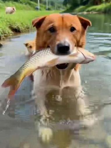 小黄今天抓的鱼，又肥又大，吃水煮鱼好，还是烤鱼好呢？#水猎犬 #狗抓鱼 #萌宠