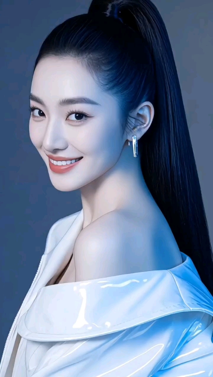 优雅少女,时尚穿搭,甜美微笑,蓝色背景,简约大气。
