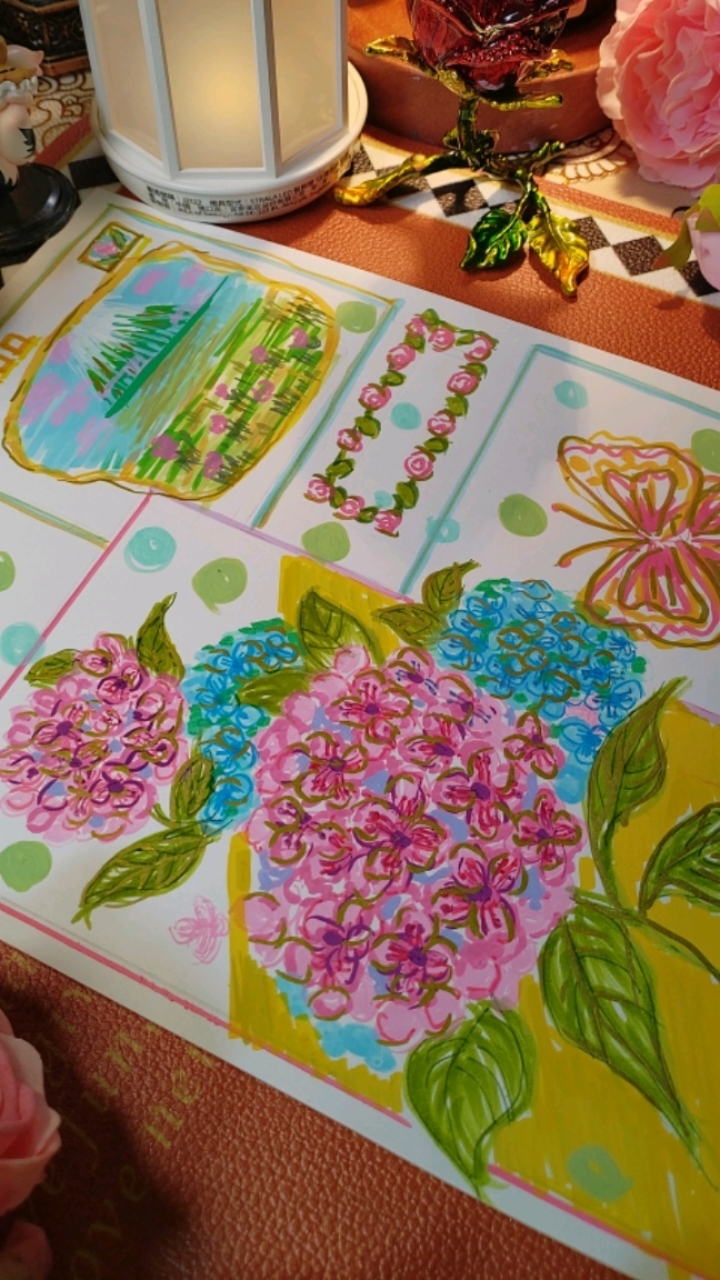 冬日治愈系手绘粉色和蓝色绣球花