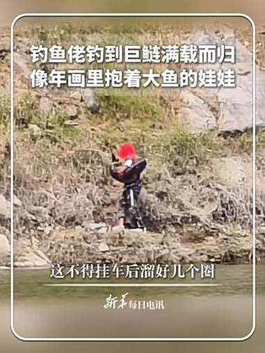 每日分享｜钓鱼佬钓到巨鲢满载而归，像年画里抱着大鱼的娃娃。网友：这不得挂车后遛好几个圈。新