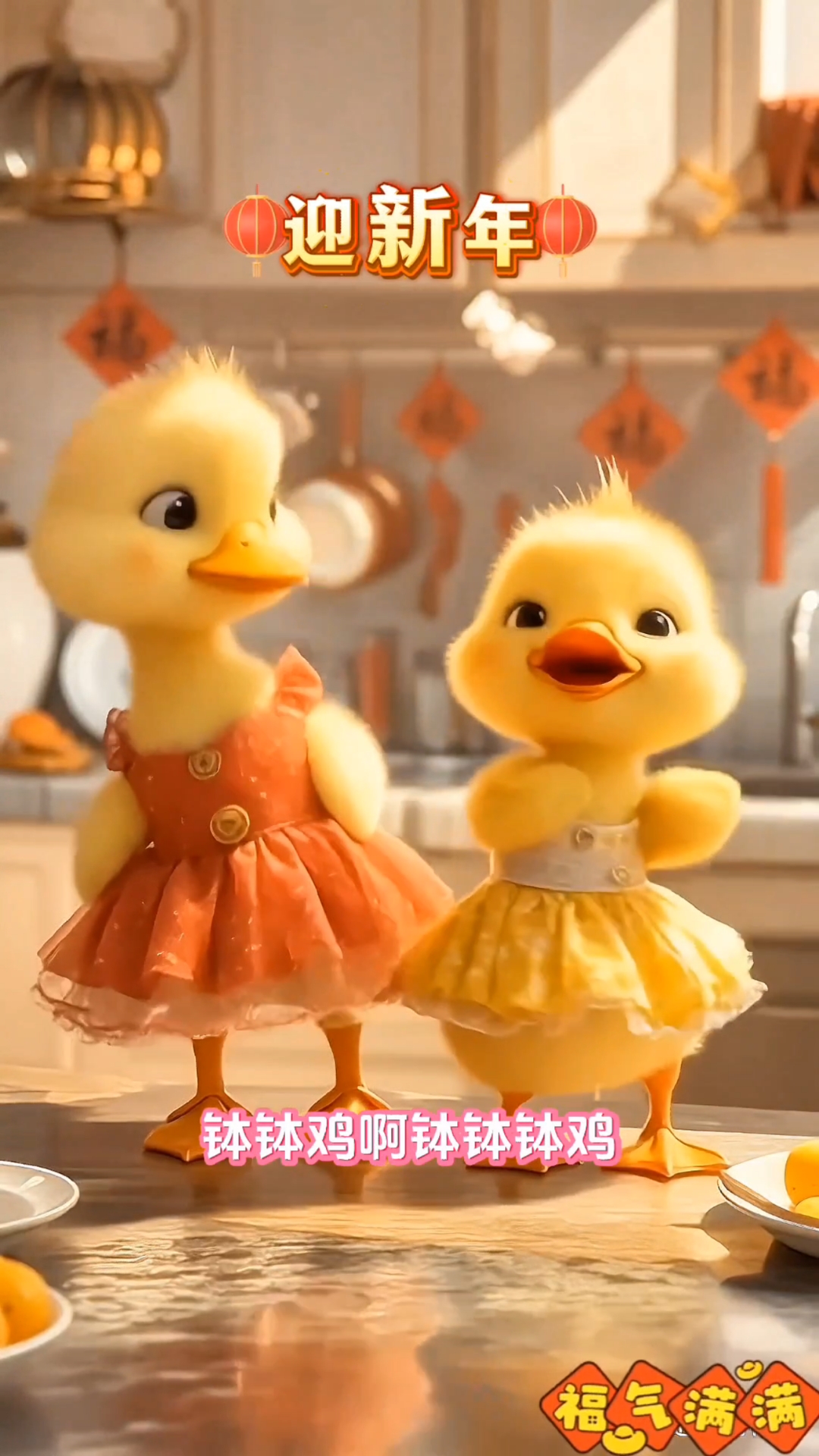两只可爱的小黄鸭跳舞迎新年