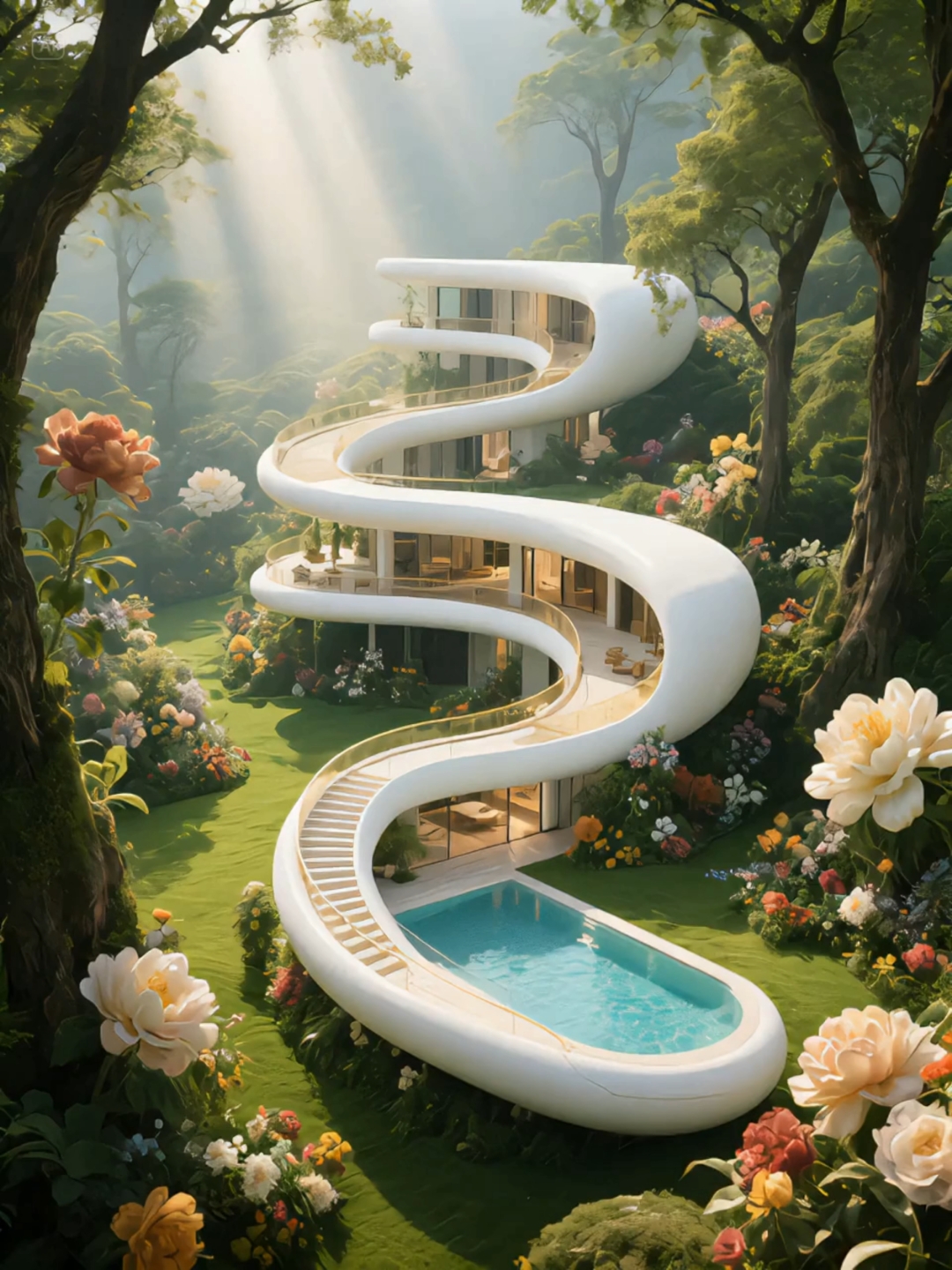 仙境风格,多曲线建筑美学,未来主义。