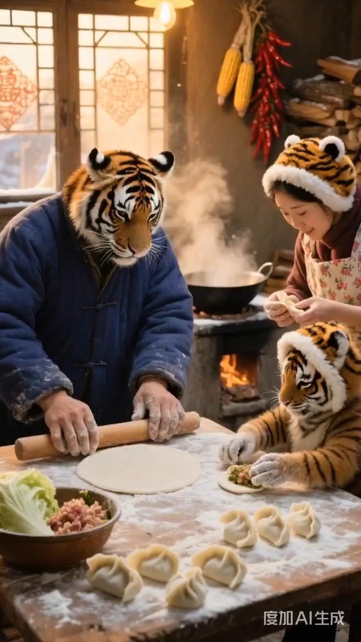 老虎和人一起包饺子