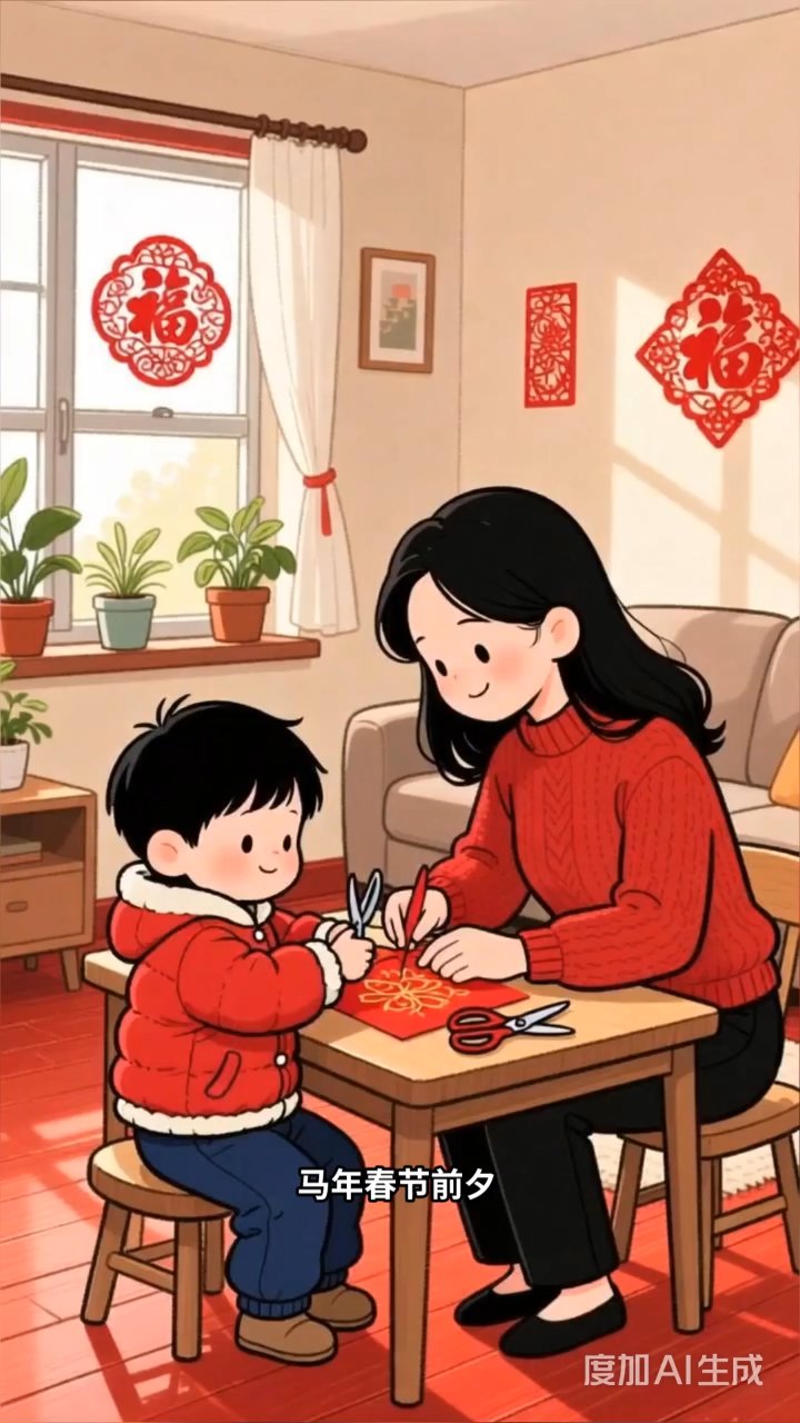 小手剪出小马窗花,五岁萌娃送福闹新春