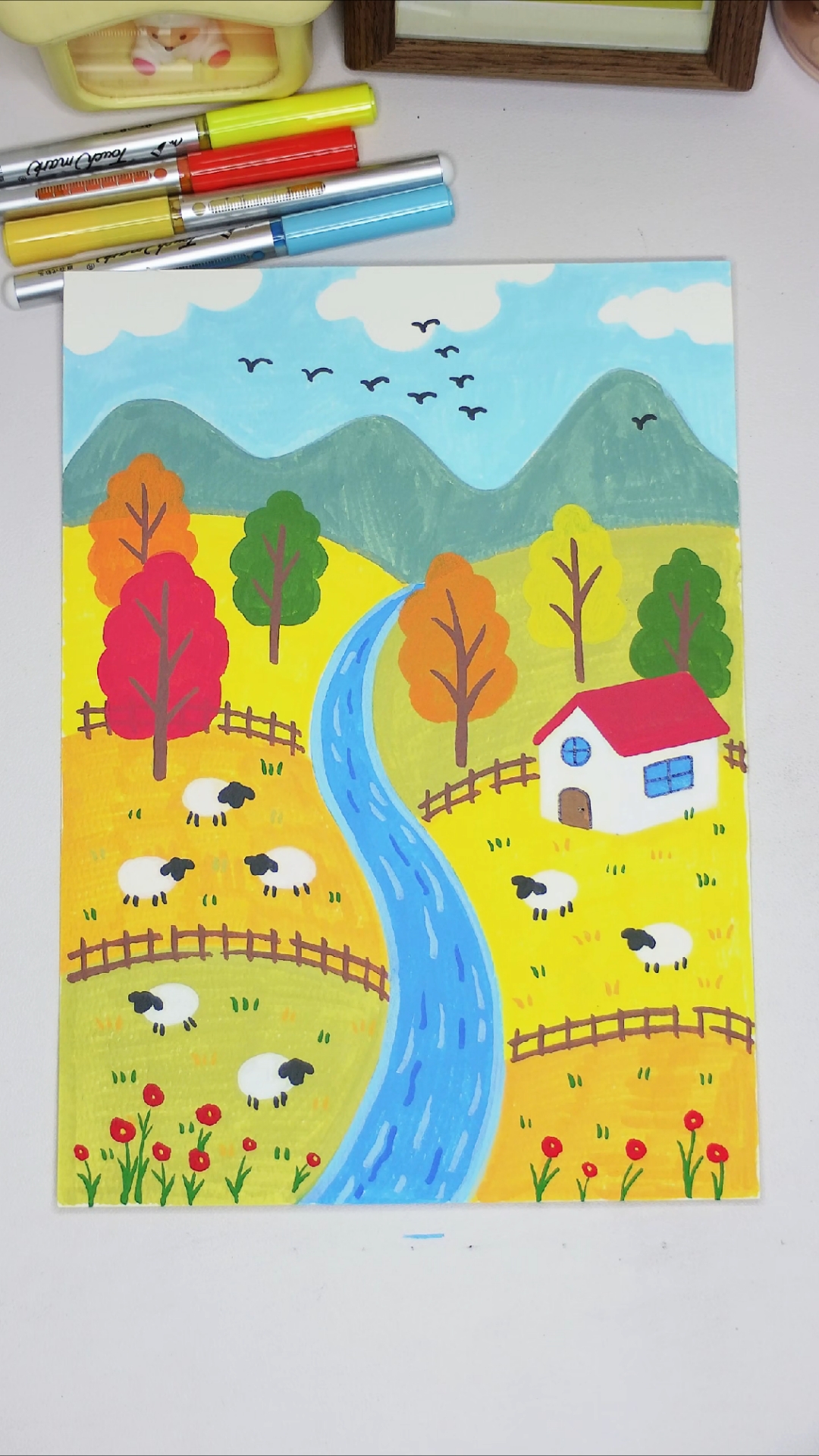用丙烯马克笔画《秋天》风景画真的太有感觉啦