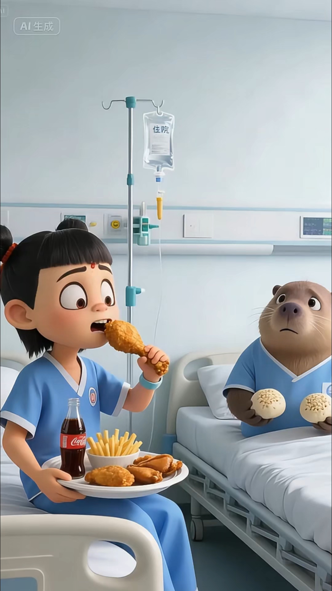 哪吒吃鸡腿,卡皮巴拉好想吃呀