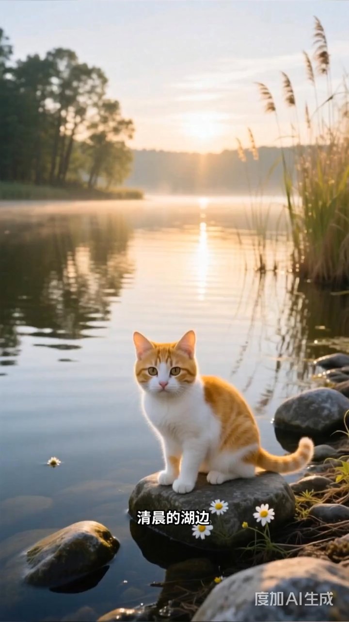 小花猫湖边学钓鱼，屡败屡战萌态十足
