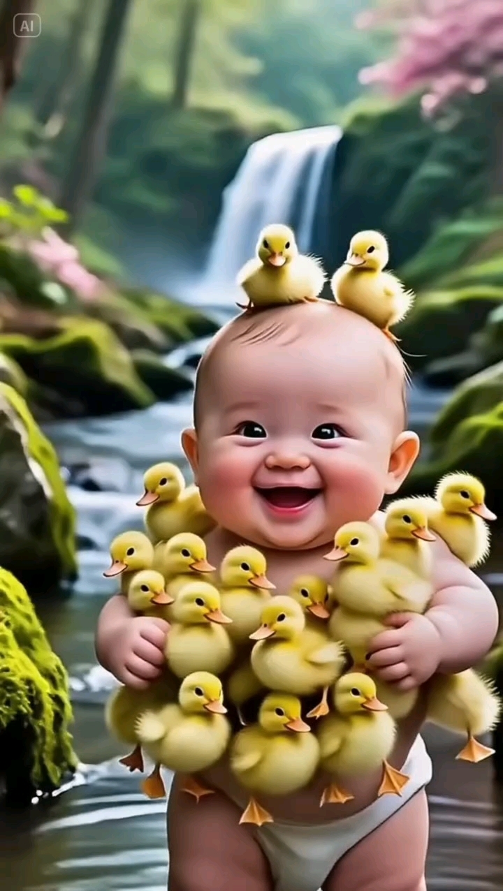 动漫图片，一个婴儿抱着一群鸭子，显得非常开心！