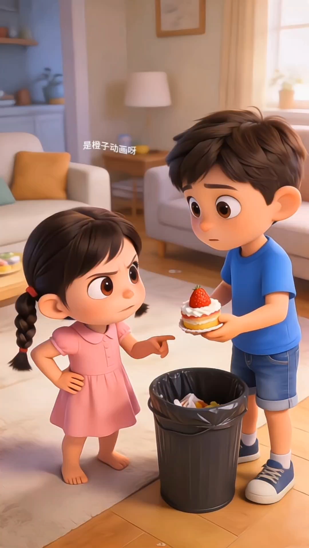 儿童动画哥哥扔掉妹妹的草莓蛋糕