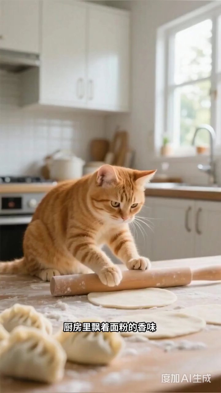 橘猫擀面皮包饺子,笨拙爪子捏出温暖味道