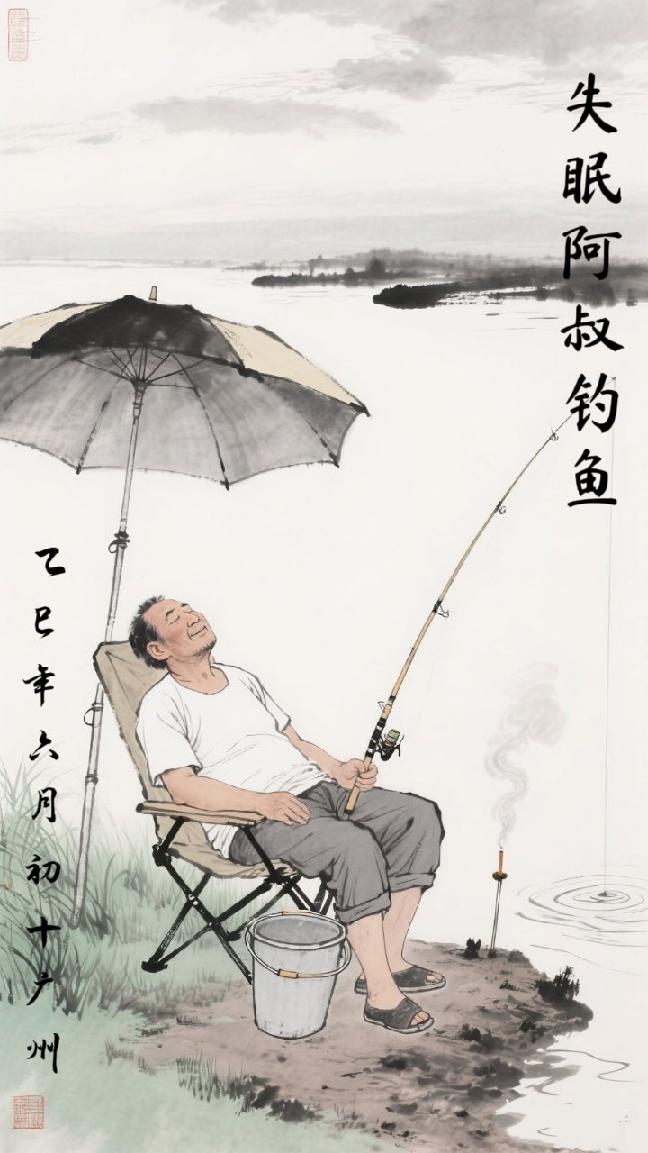 国画故事《失眠阿叔钓鱼》请你欣赏