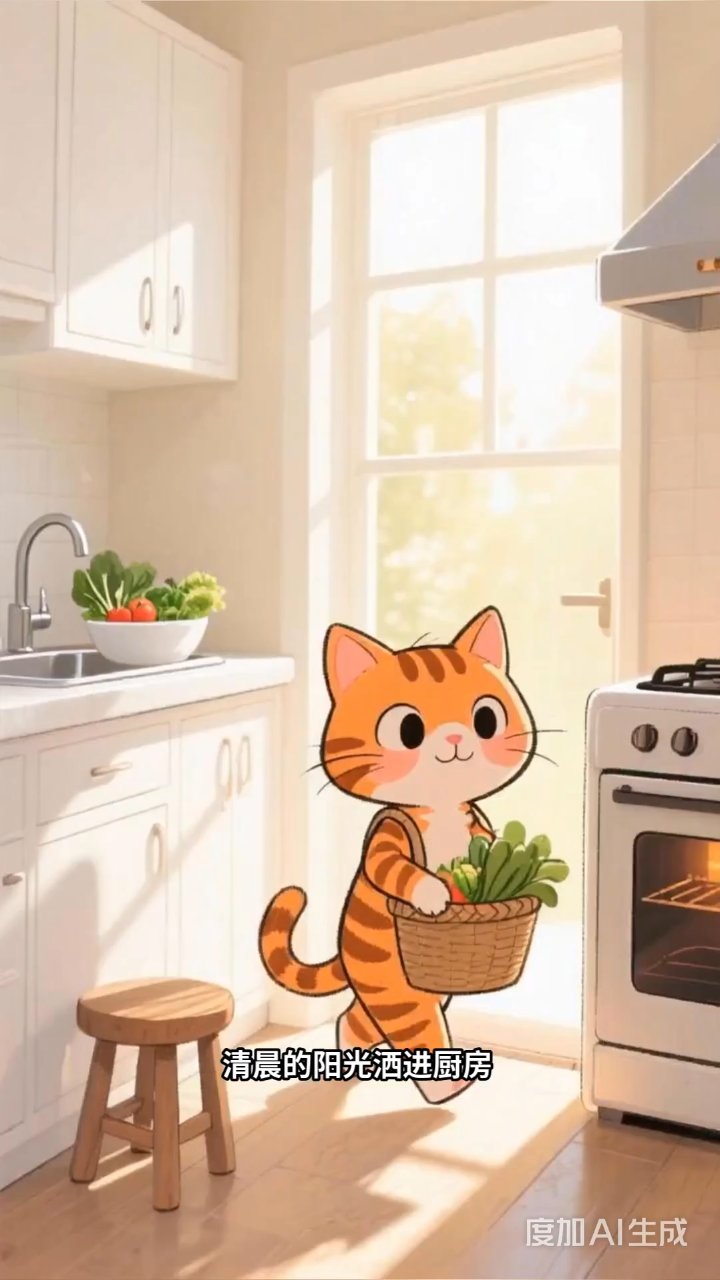 虎斑猫的料理时光:从挎篮买菜到鱼形蛋糕的暖心之旅