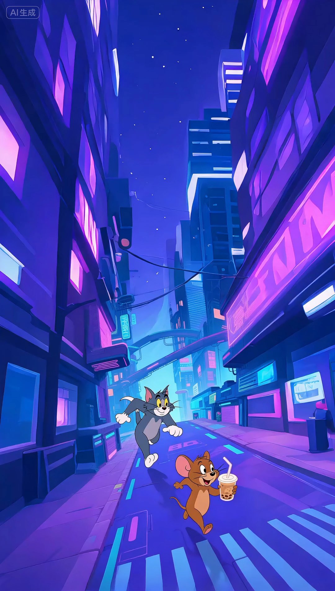 杰瑞手捧奶茶穿梭在赛博朋克街头，秋天的第一杯奶茶