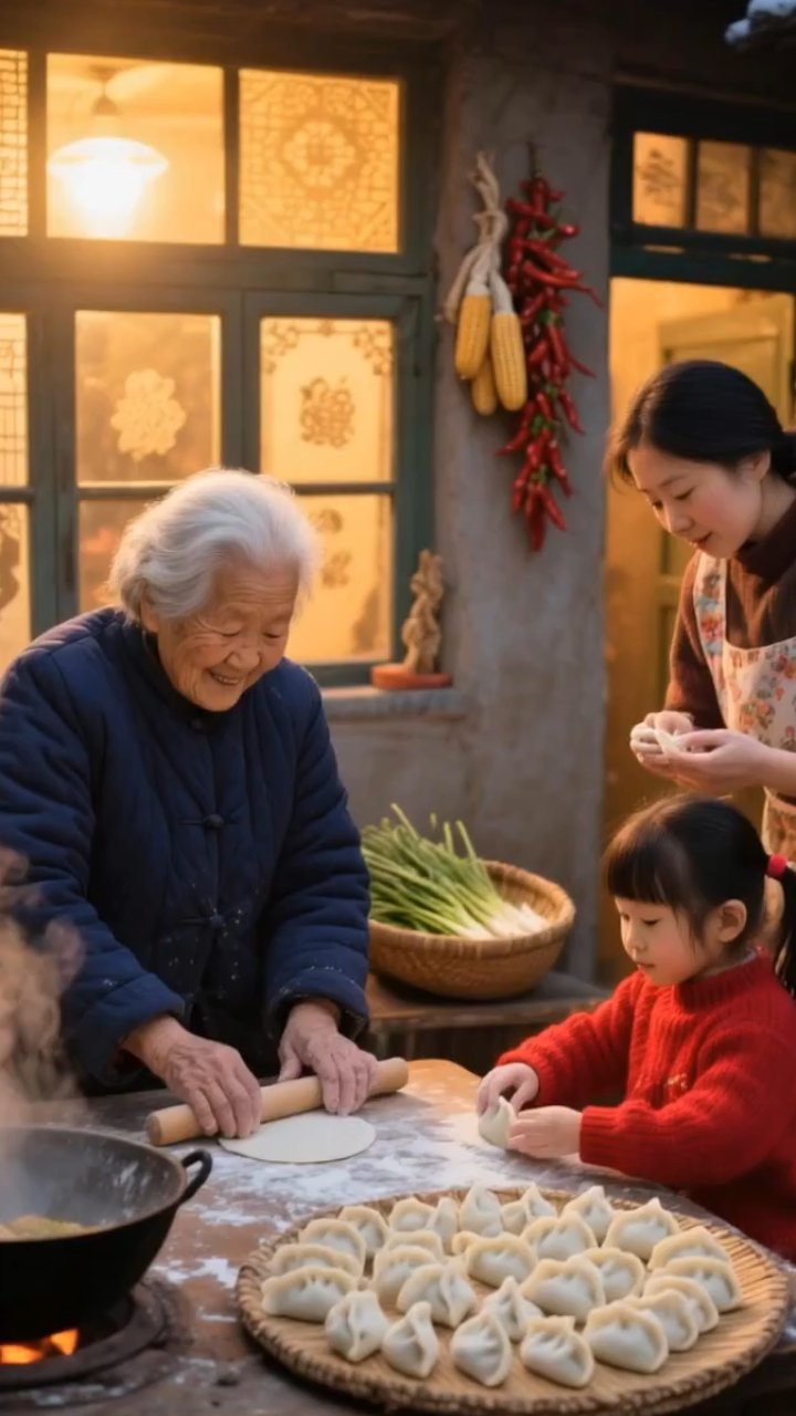 三代同。喜乐融融,包饺子