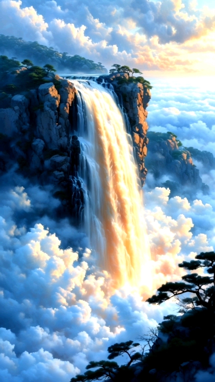 一个巨大的瀑布#云雾缭绕 /一个孤独的男人#印象派#动态壁纸