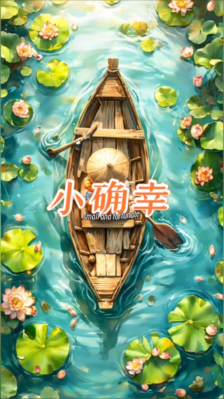 湖水流淌,荷花荷叶丛中小孩儿划船 #清新#卡通风格