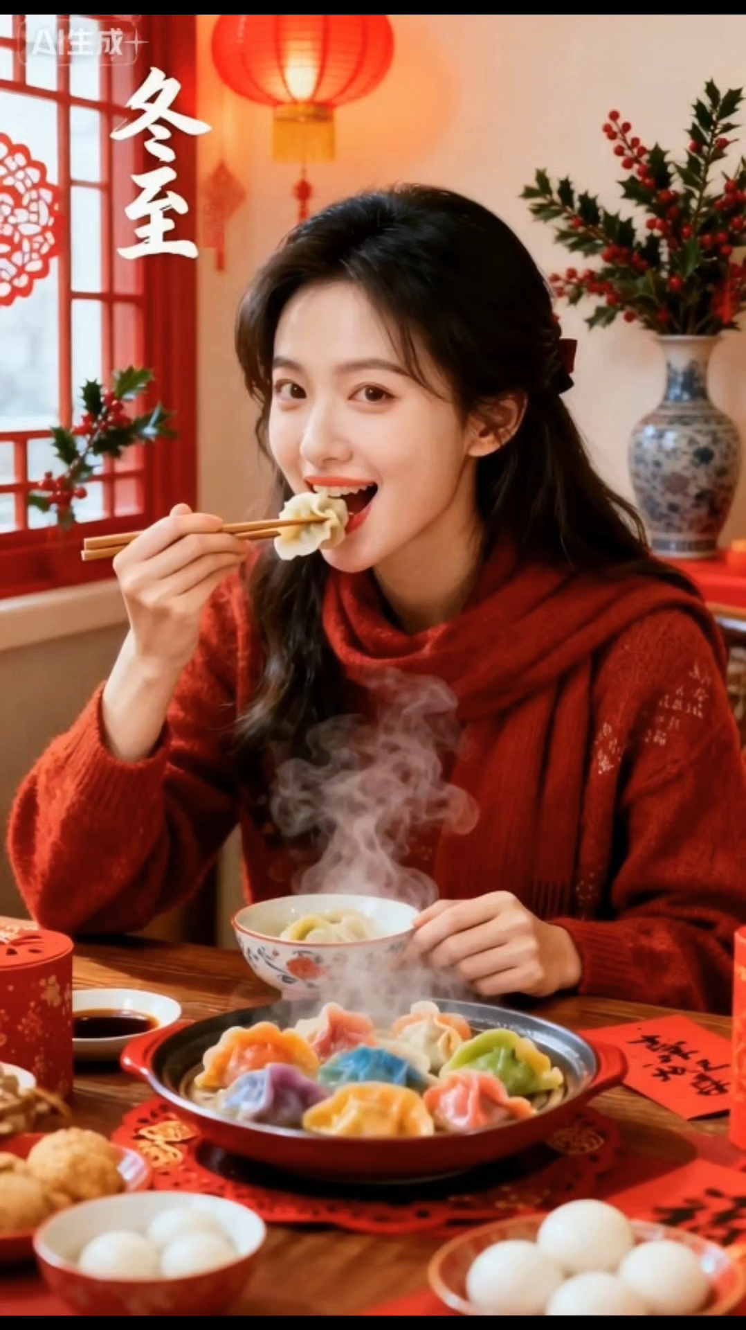 美女吃饺子,冬至福至《《》》