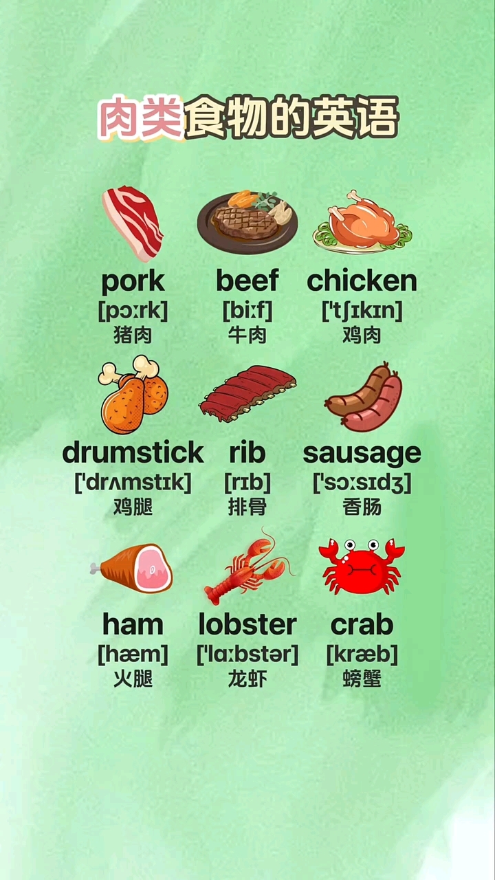 肉类英语单词,英语学习,零基础学英语