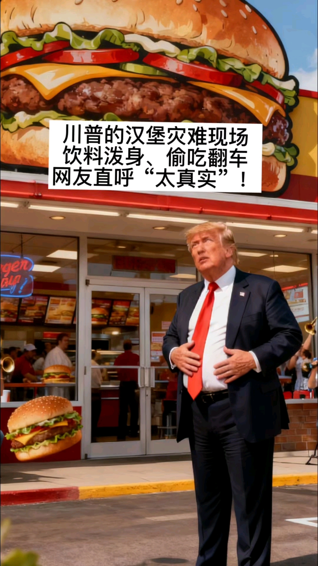 川普的汉堡灾难现场,饮料波身,偷吃翻车网友直呼