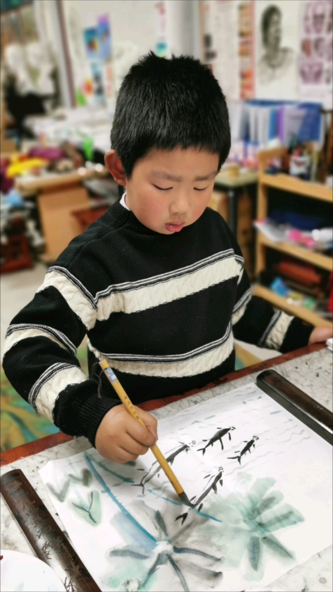 水墨画,池塘荷花小鱼#水墨写意