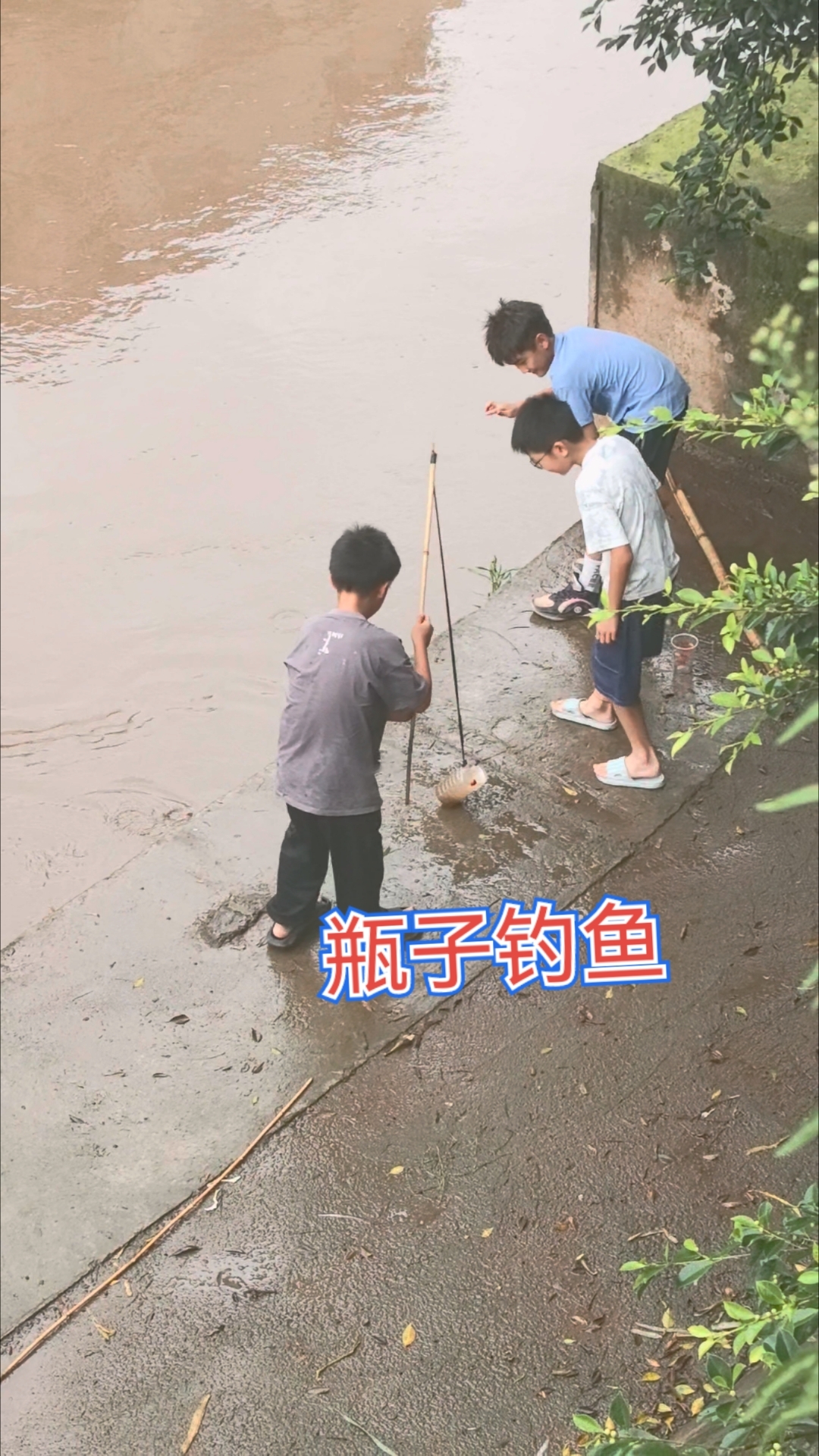 小孩哥真是厉害、用一个瓶子就能抓很多鱼