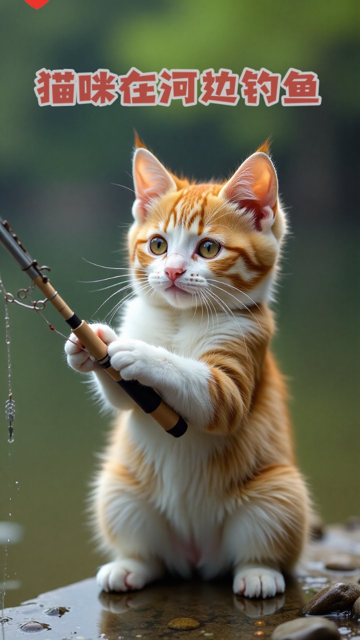 猫咪在河边钓鱼