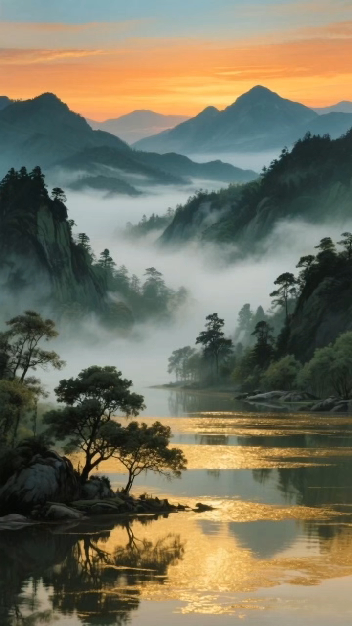 手机壁纸——晨曦,山林,山水,油画,风景