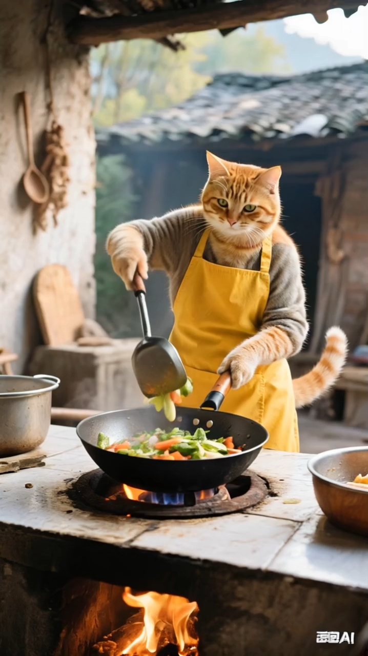 快叫你们家聪明的小猫来炒菜
