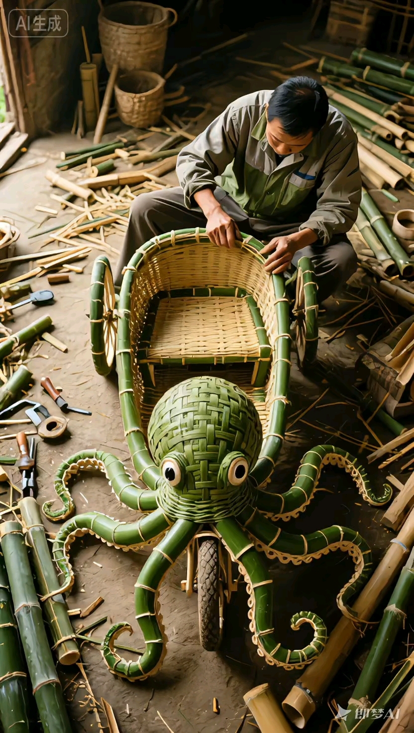 竹编手艺作品,章鱼三轮车,惟妙惟肖。