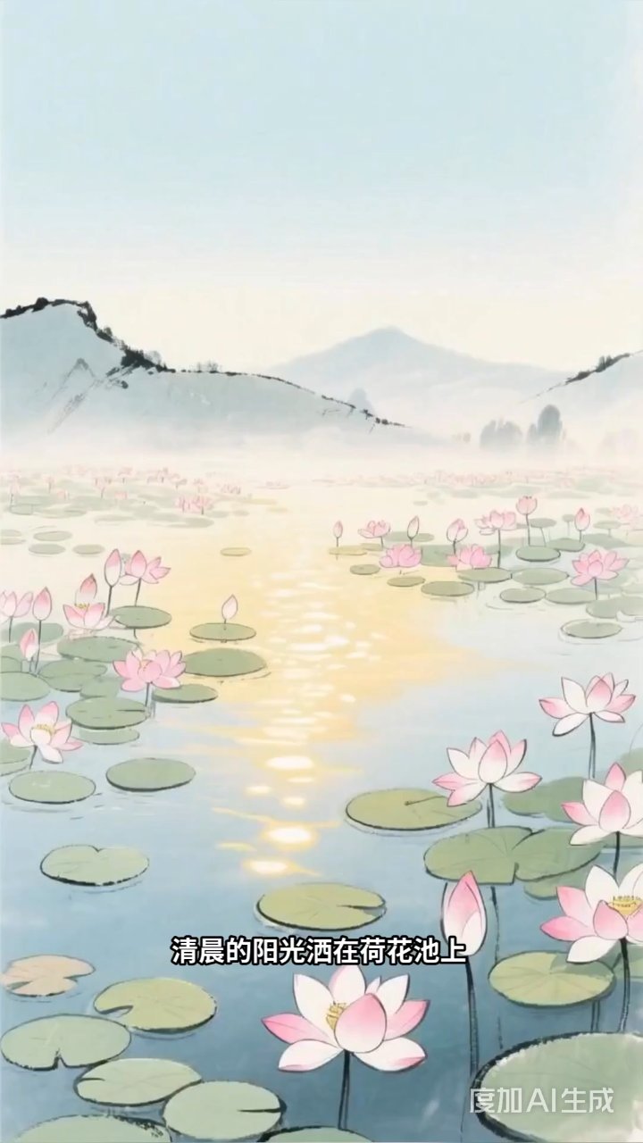 荷花池畔金鱼舞,锦鲤跃水映晨光