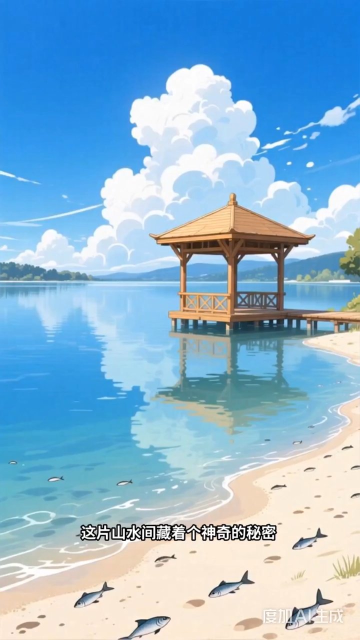 湖中飞鱼跃出水面,岸边鳍印画出爱心