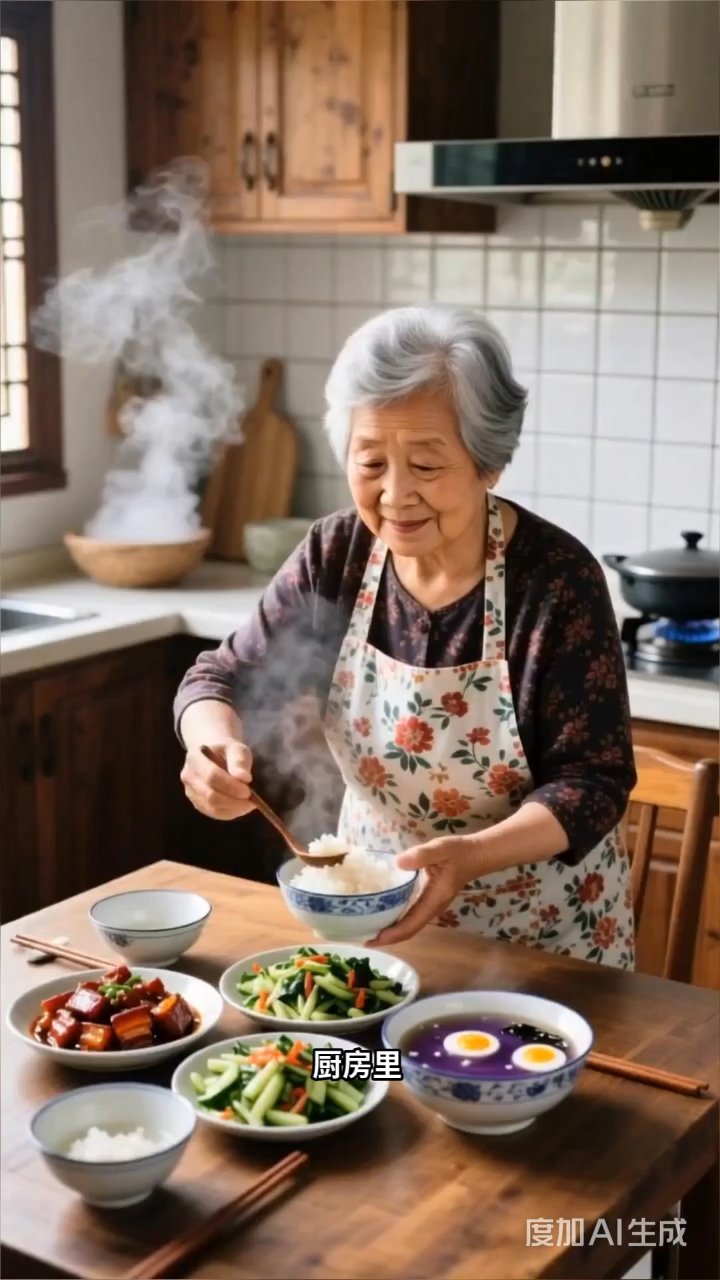 奶奶备好一桌饭菜,等孙子回家团圆