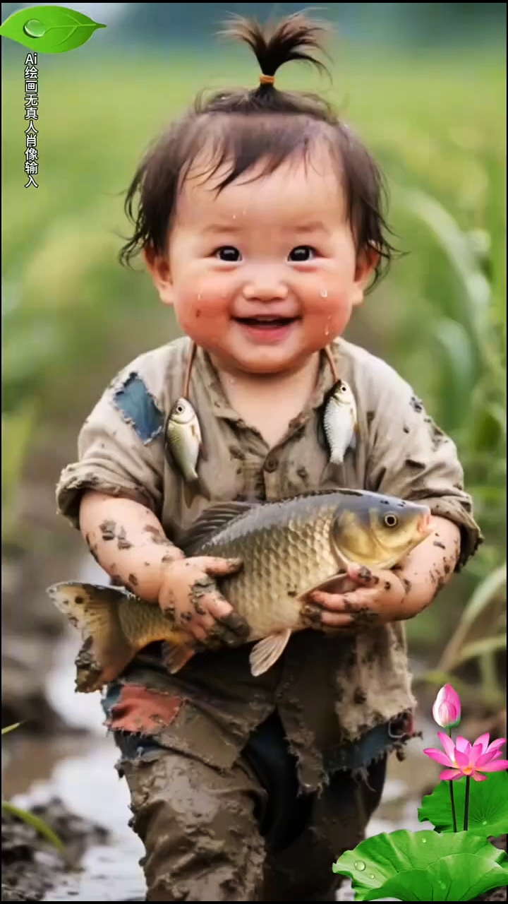 泥娃抱大鱼,这小孩太牛啦! #农村小孩 #可爱小孩