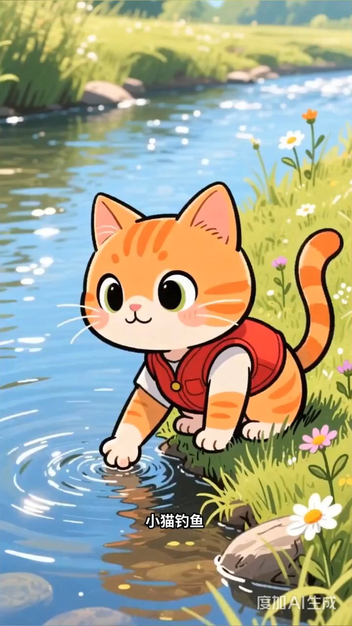 小猫咪河边钓鱼，意外钓上大鱼乐翻天