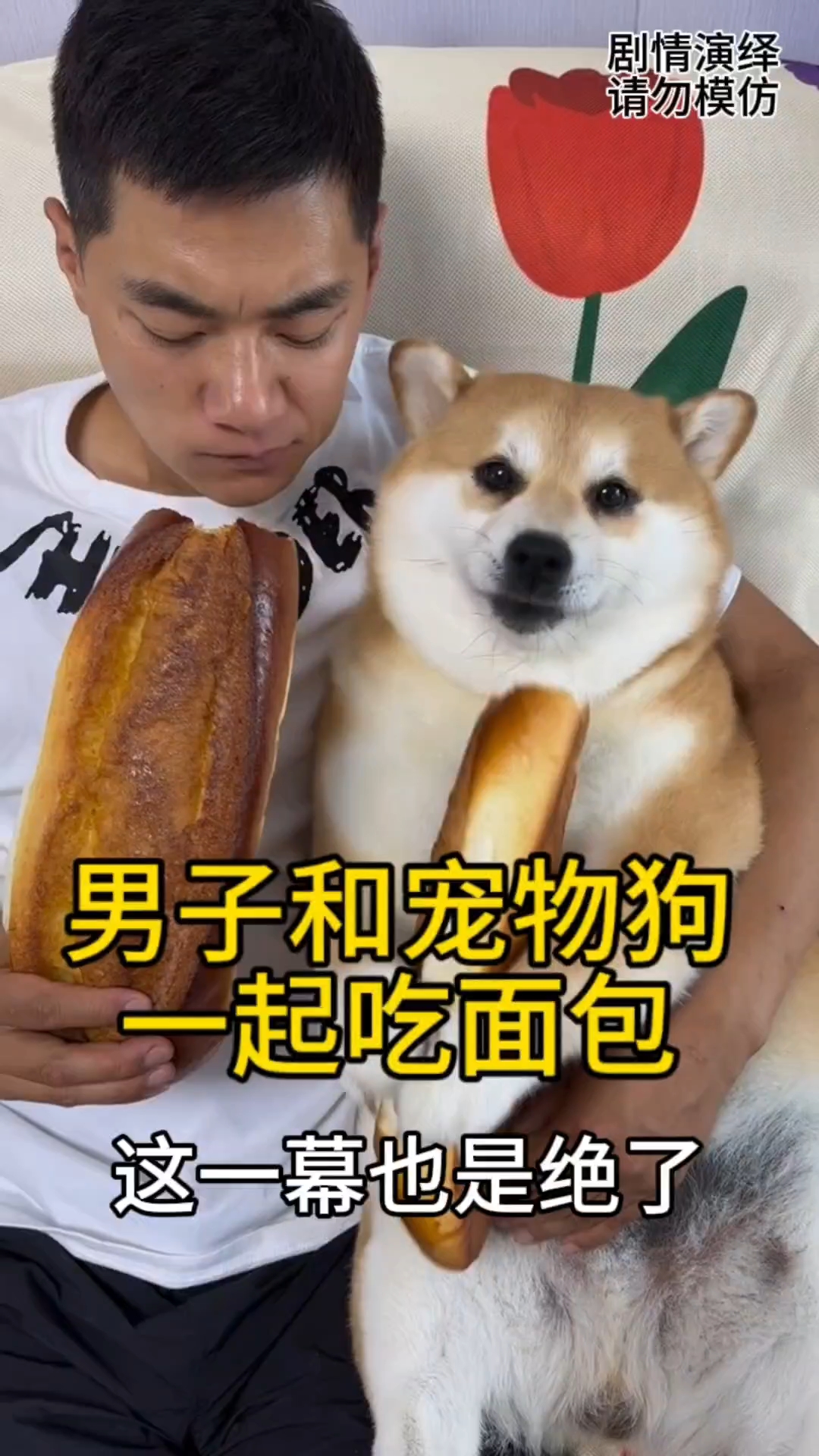 男子和宠物狗一起吃面包,这一幕也是绝了