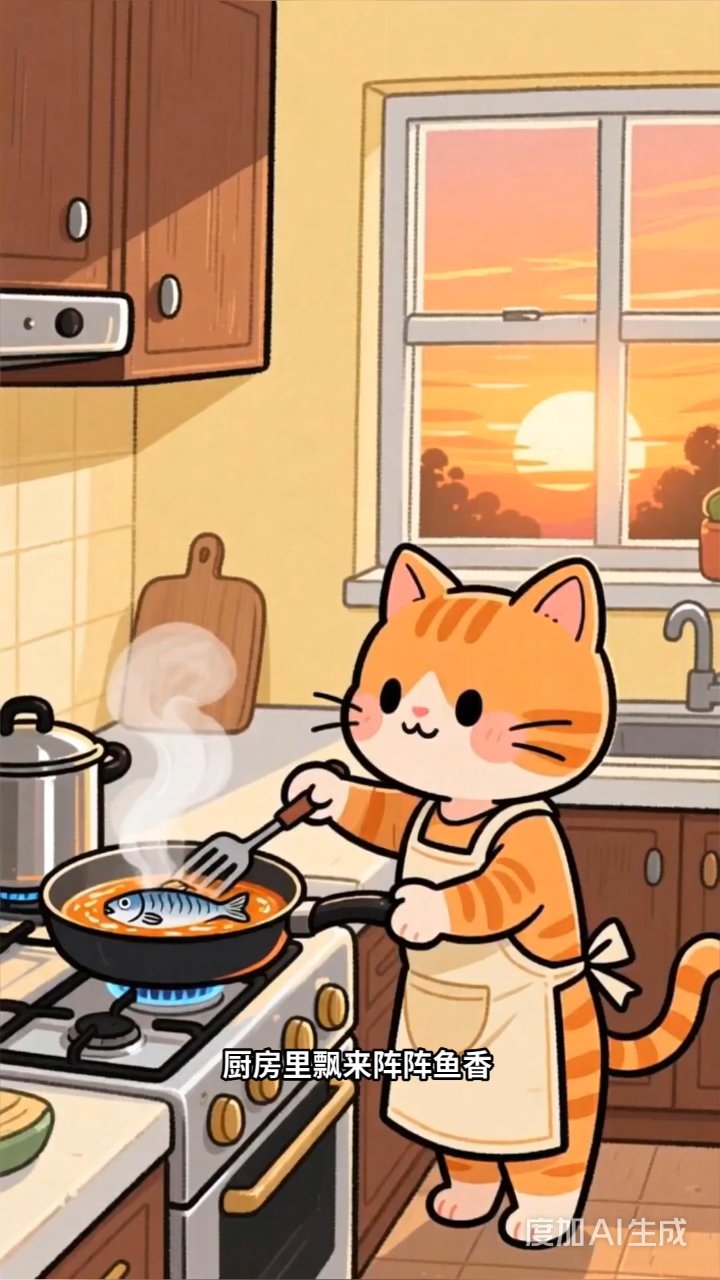 围裙小猫掌勺红烧鱼,厨房飘香引众猫欢聚