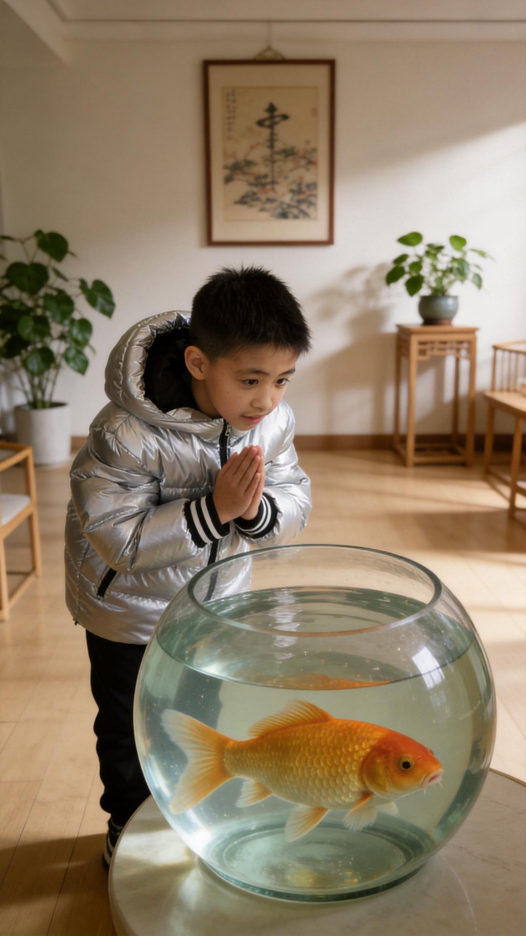 男孩的鱼缸里有金鱼吗？