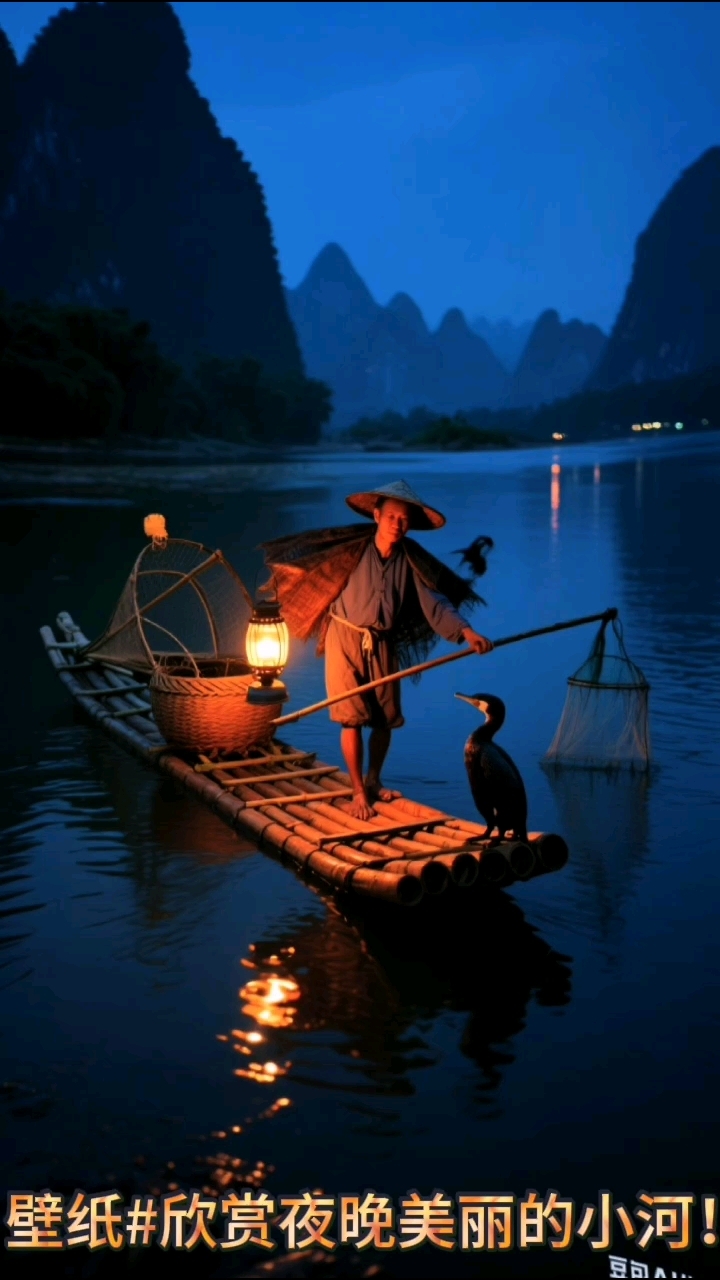 壁纸#夜幕降临,小河静谧,渔夫捕鱼,鸟儿相伴,如诗如画。