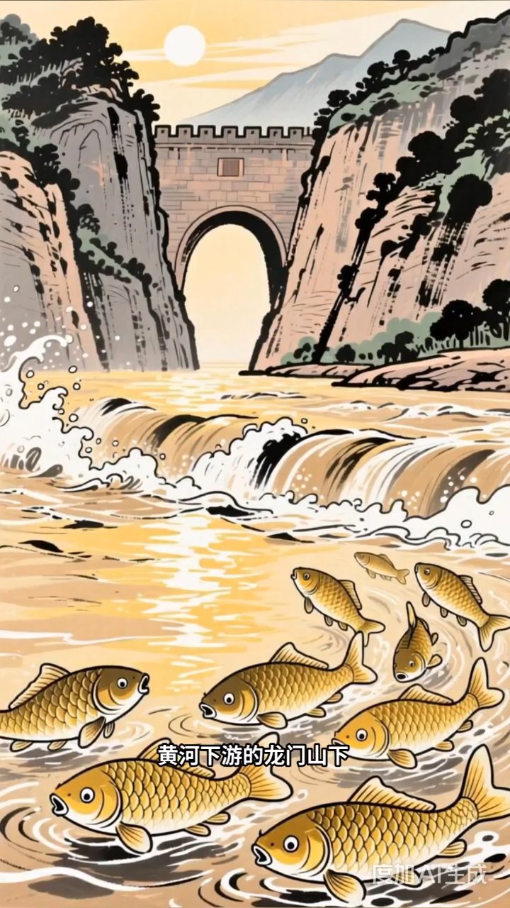 小鲤鱼七次跃龙门，终化金龙翱翔天际