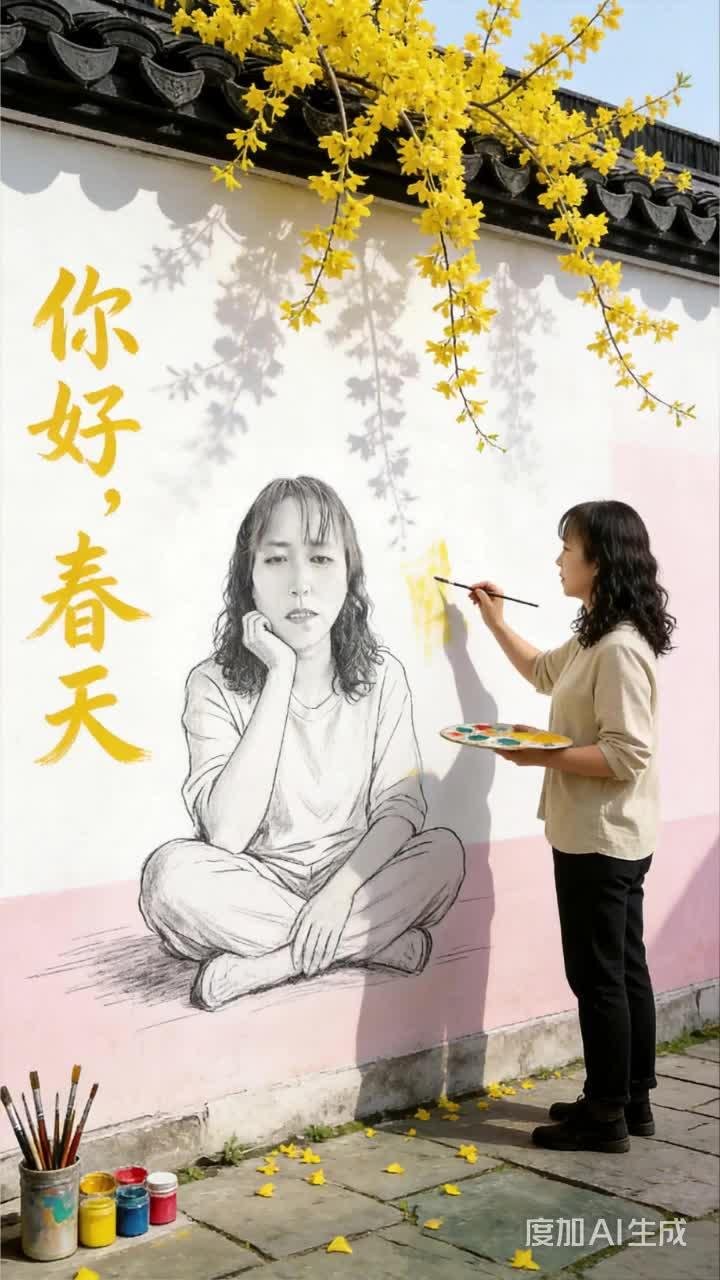 春意浓,花儿开,墙画绘出温馨春景
