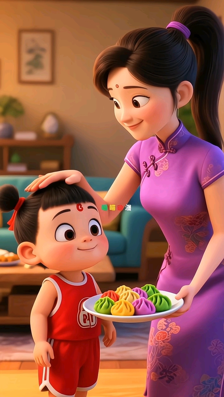 哪吒给妈妈煮彩色饺子吃