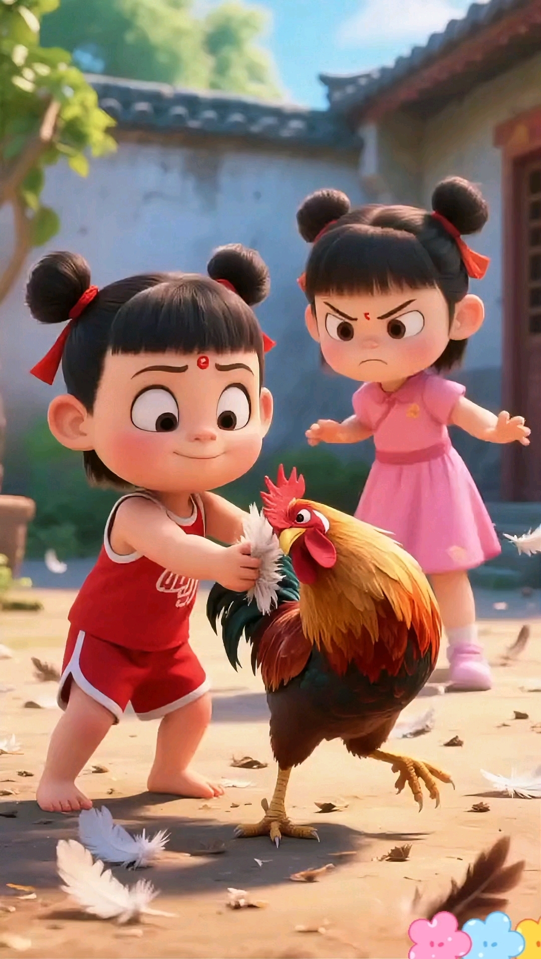 哥哥用公鸡羽毛做了一把羽毛扇